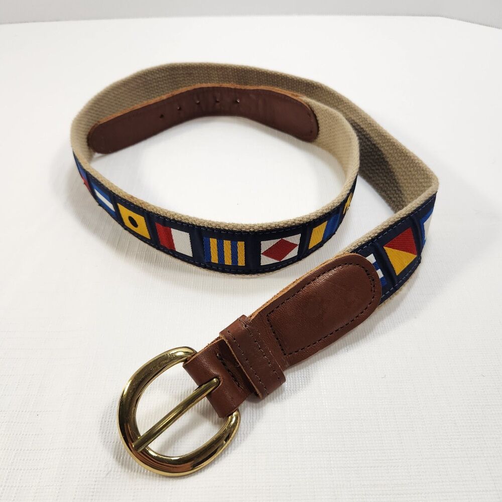Preston Leather Products Nautical Sailing Flags Canvas Belt 36 Brass Buckle Prep